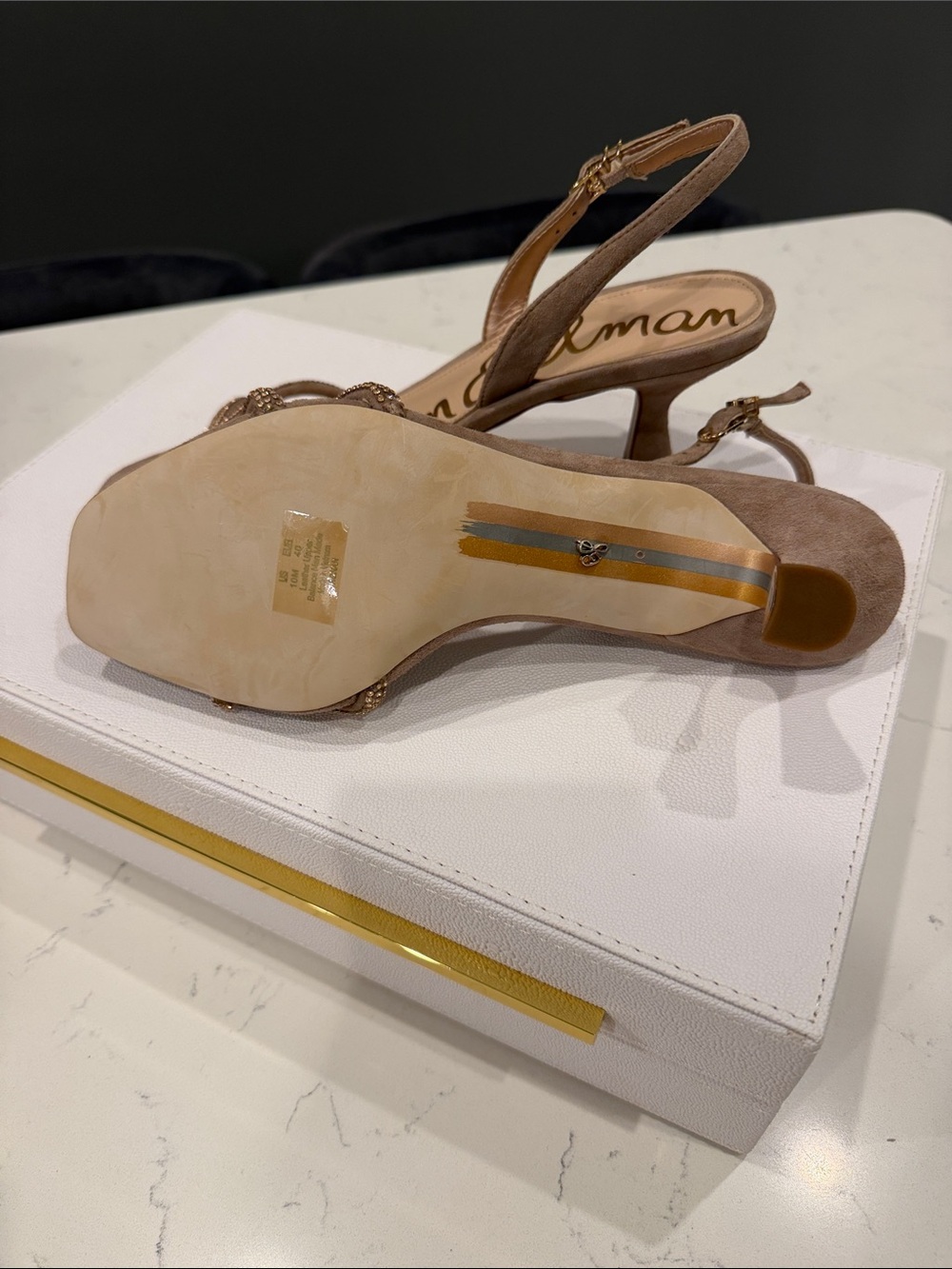 Sam Edelman Taupe Suede Crystal-Trim Slingback Heels. - Picture 5 of 5